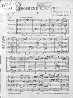 Quatuor pour 2 Violons, Alto et Violoncelle comp. par S. Taneiew
