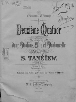 Deuxieme Quatuor pour 2-x Violons, Alto et Violoncelle par S. Tanelew